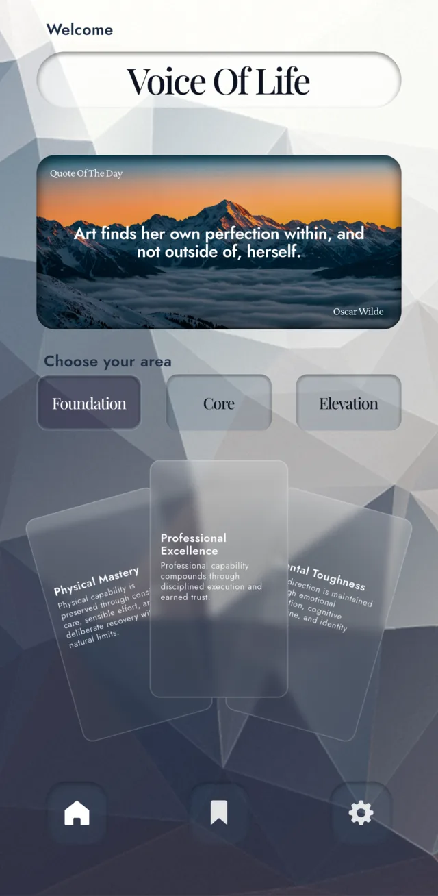 Voice of Life home screen — Quote of the Day over a dusk mountain, and the three stages: Foundation, Core, Elevation